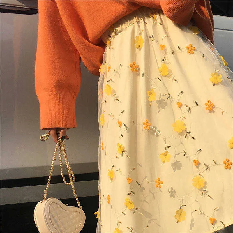 Yellow 3D Flower Lace Skrit Women High Waist Mesh Long Female Elegant Midi Tulle Skirt Sweet Cute Student School Wear Saia 210529