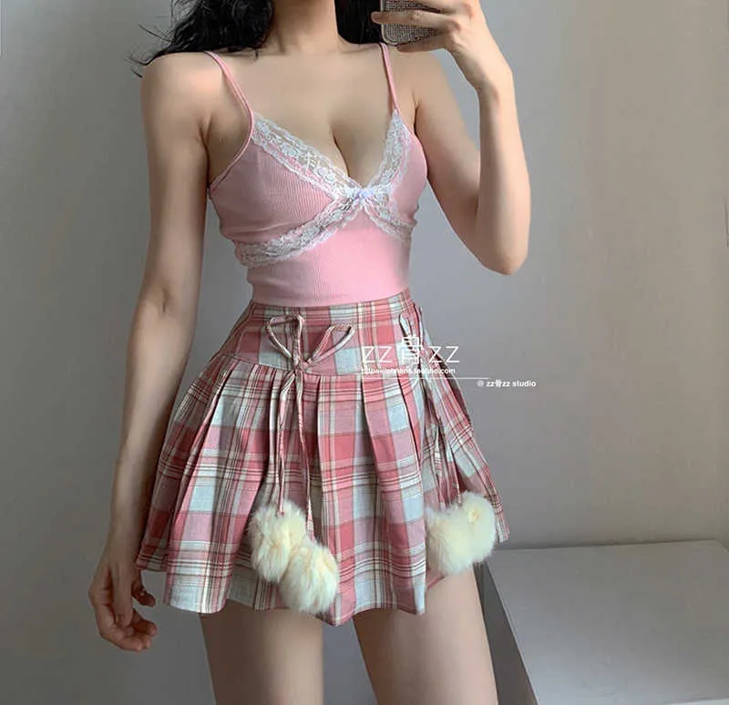 WOMENGAGA Sexy Chine Sweet Plaid Print Bow Hairy Loli Kawaii Asie Femmes Taille haute Mini jupe plissée Jupes Rose UY87 210603
