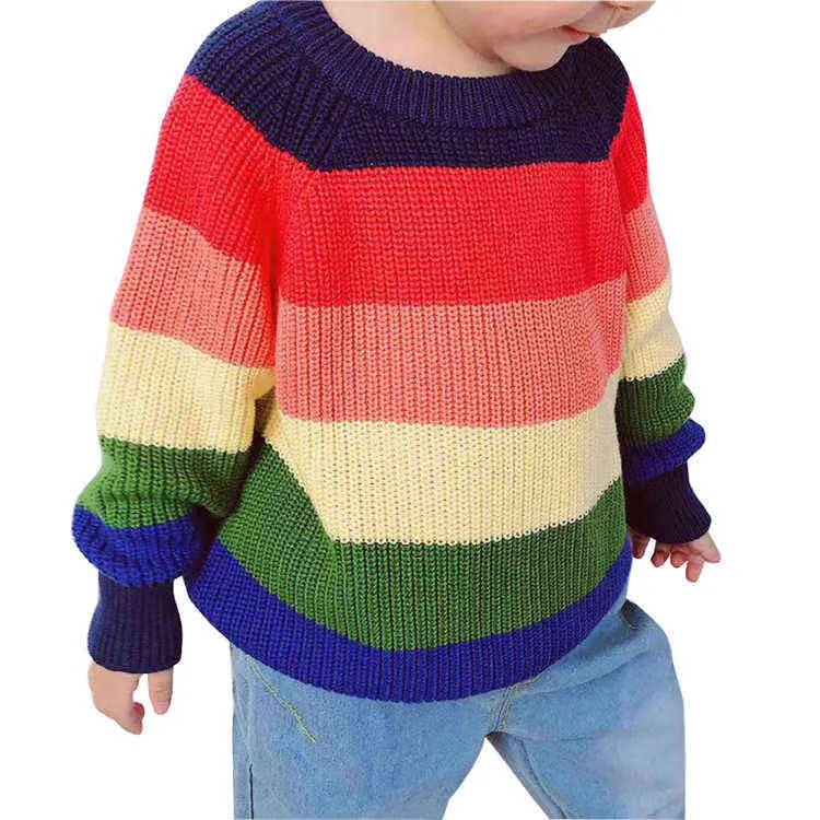 1-7Y Baby Boys Girls Stripe Knitted Tops Sweater Cardigan Outfits Boy Rainbow Winter Clothes Spring Sweaters 211201