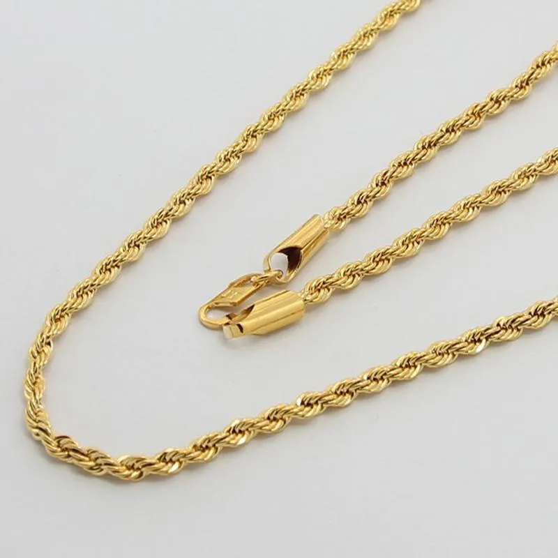 24K Pure Gold 3mm Rope Chain Halsband Hela guldfärg Halsband mode smycken Populära kedjor för män Punk Party2895