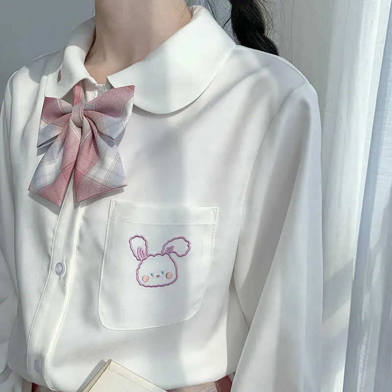Japan kawaii chiffon witte blouse vrouwen herfst lange mouw konijnen borduurwerk shirts lolita stijl tops kleding schoolmeisje 210719