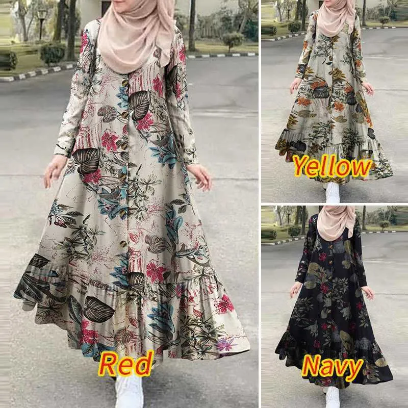 Müslüman Başörtüsü Elbise Kadın Artı Boyutu Sonbahar Baskılı Elbise Retro Kadın Sundress Uzun Kollu Fırfır Vestidos Kadın Düğme Maxi Robe 210712