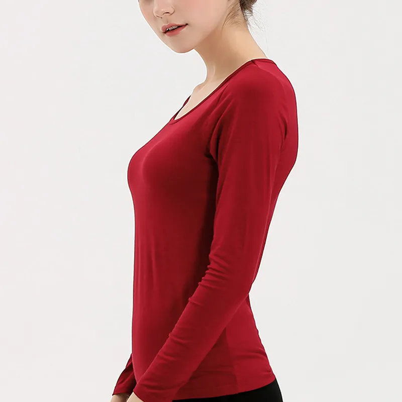 Women T-Shirts Buili-in Bra Padded Stretchable Modal Tops Tshirts Long Sleeve Plain Sexy Casual Korean Spring Autumn SA0067 210312