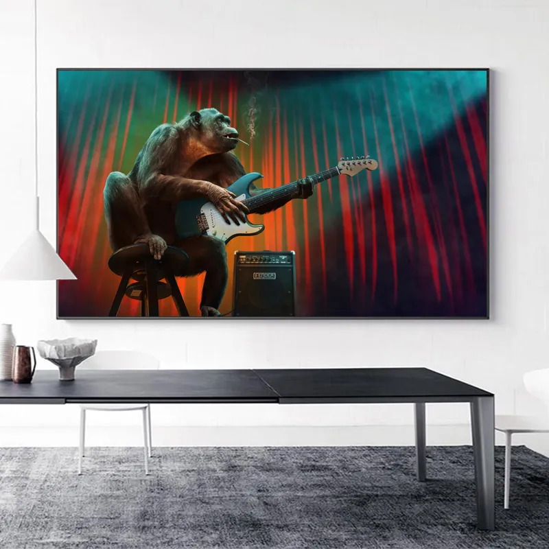 Monkey Plakat Gorilla Zwierząt Prints Wall Art Zdjęcia do salonu Płótno Malarstwo Wystrój Domu Dekoracje Muzyczna Gitara