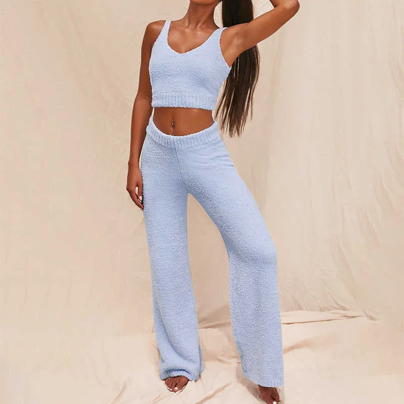 Plüsch Flauschiges ärmelloses Crop Top + weite Beinhosen Hosen Frauen zweiteilige Trainingsanzüge Outfits passende Sets lässige Sweatshirts Y0625