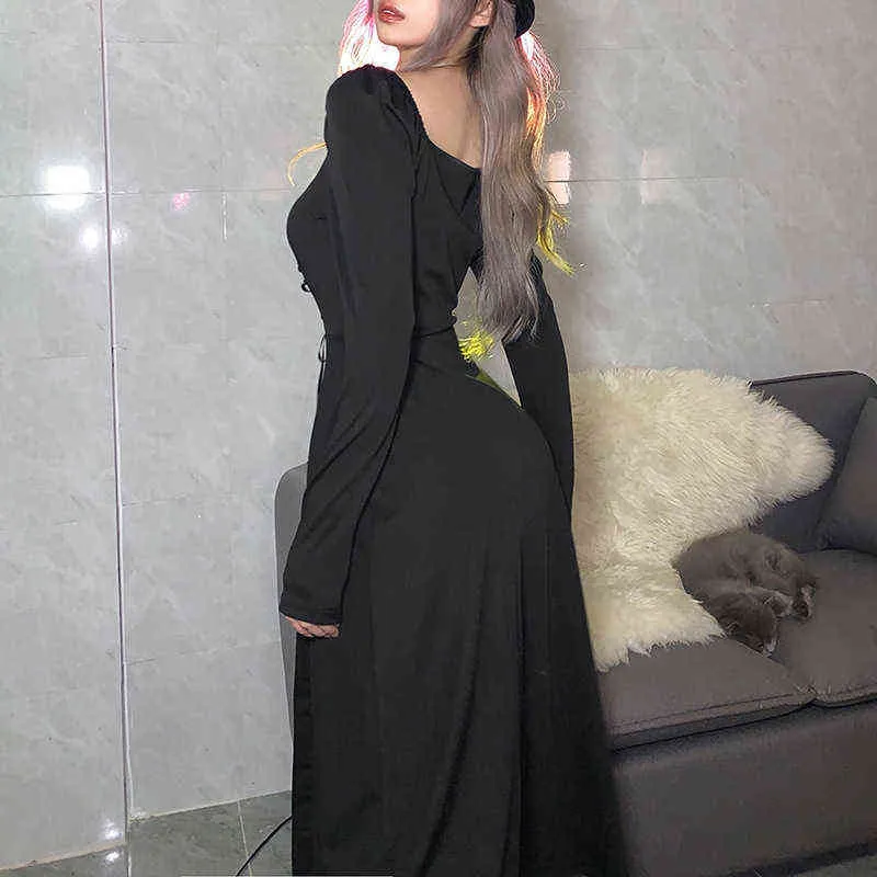 Vintage moulante Robe noire femmes automne mince col carré mode femme Robe gothique élégant côté fendu fête Club Sexy Robe Y1204