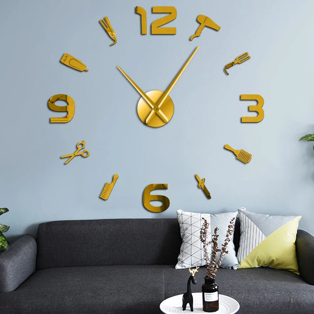 Tienda Gigante DIY Reloj Espejo Superficie Barbero Kits de herramientas Reloj decorativo Peluquería Regalo Salón de belleza Arte de la pared 210310