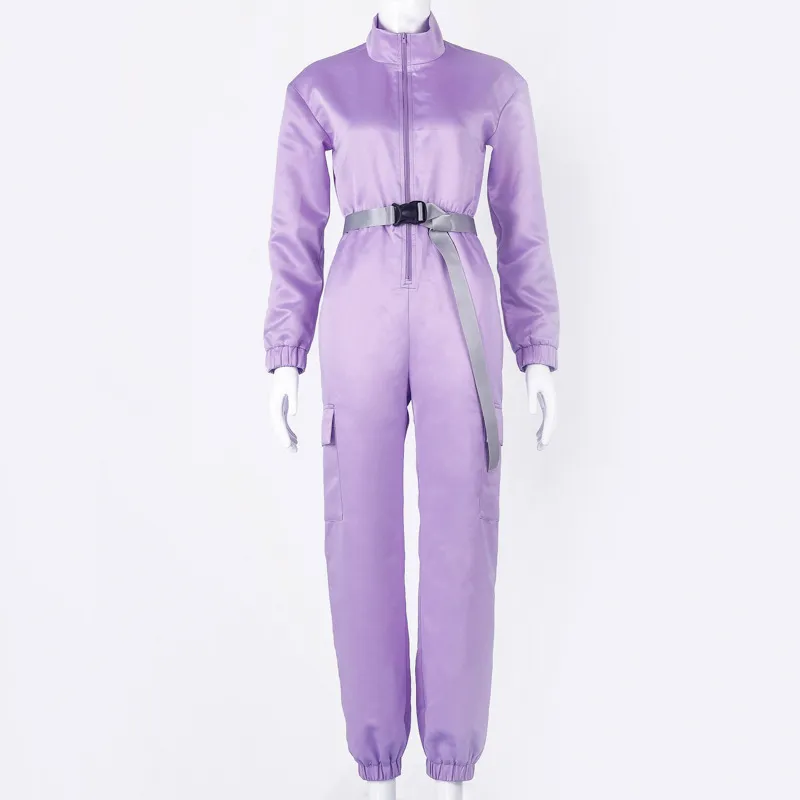 Boofeenaa zip с длинным рукавом комбинезон пряжка пряжка карманный карман один штучный ползунок женщины фиолетовый уличная одежда падение нарядов C70-AG54 201007