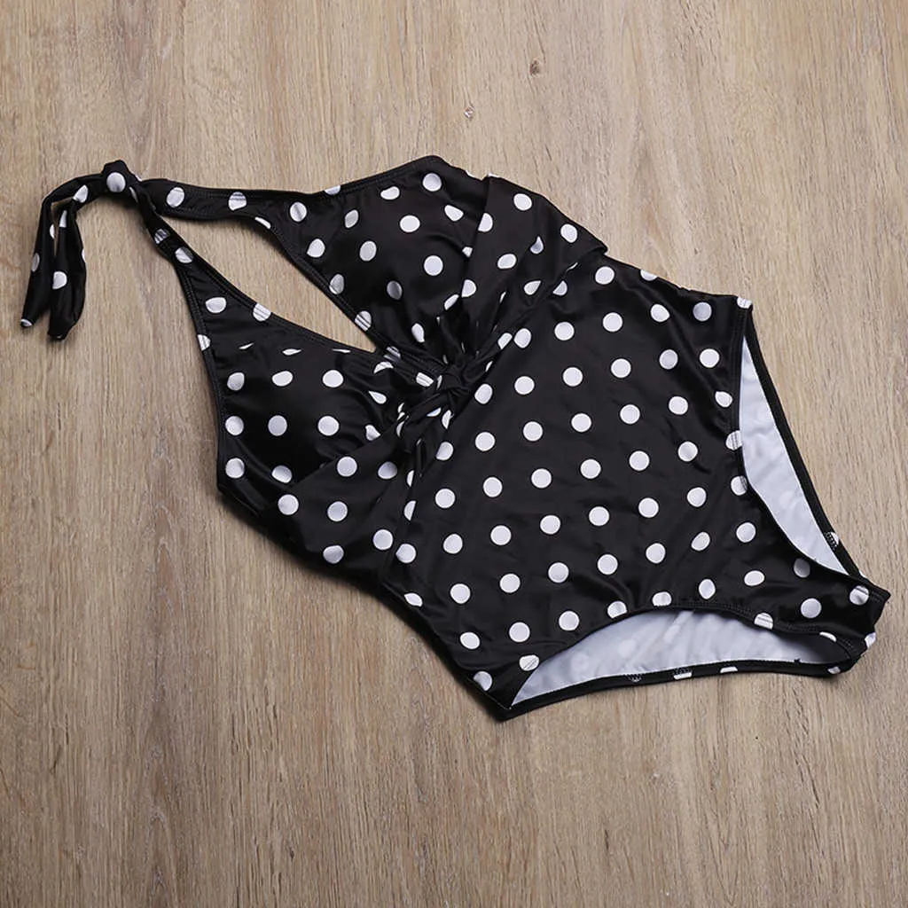 Vrouwen Sexy Polka Dot Badmode Push-up Jumpsuit Badpak Vrouwelijke V-hals Halter Femme Beachwear Set 210621