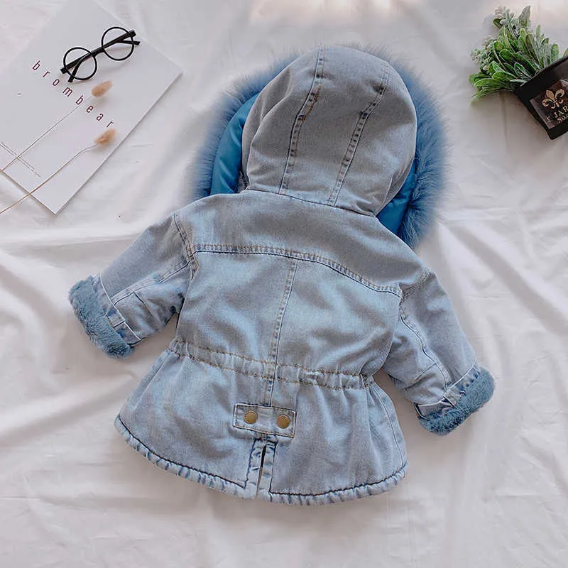 Winter warm 12m 18m 24m 2-5 jaar peuter plus fluwelen bont capuchon bovenkleding babykleding dikke jassen kinderen meisjes denim jas 210701