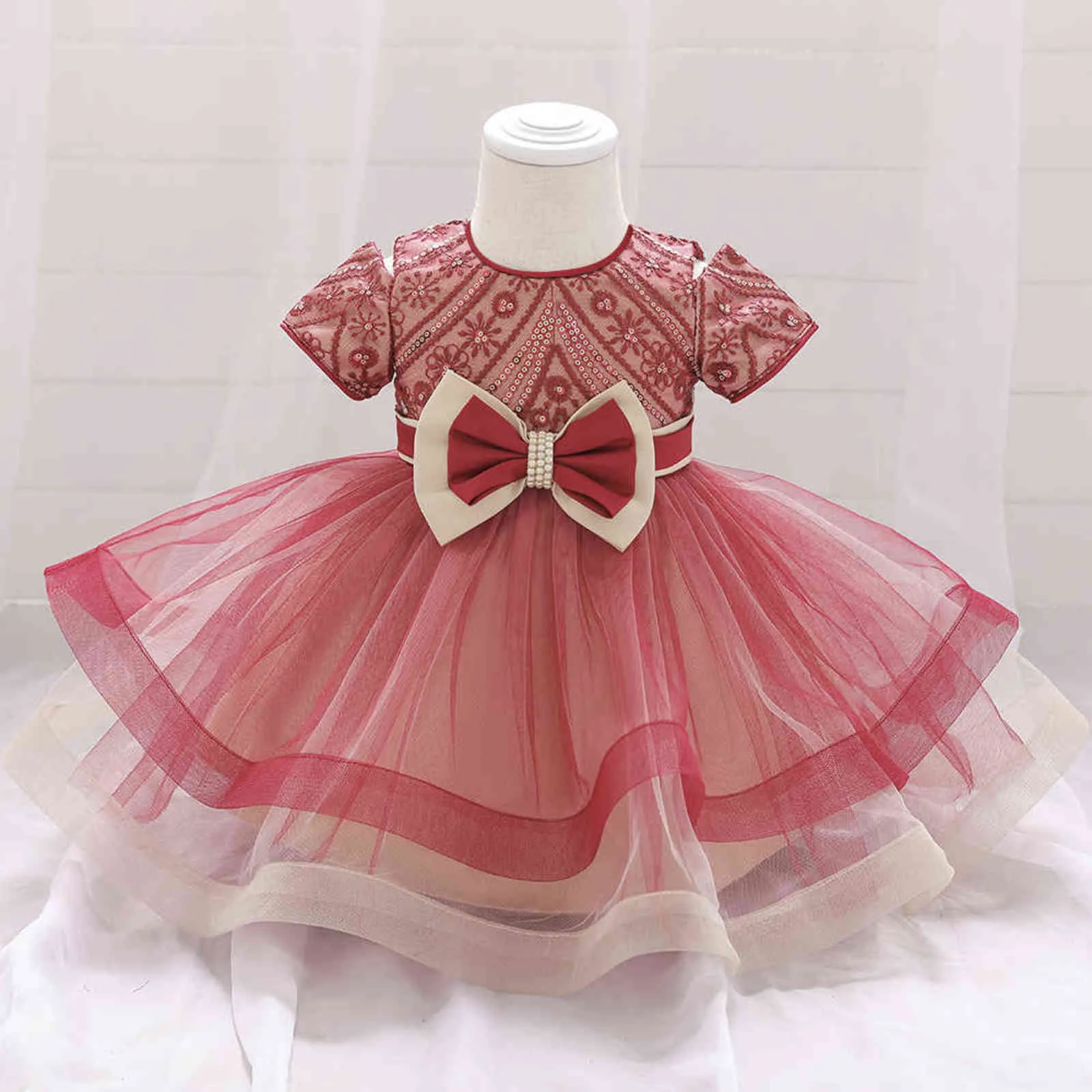 Infant Baby Dress Beading Bow Christening Gown Clothes 1st Birthday Dress For Baby Girl Princess Christmas Costume G1129