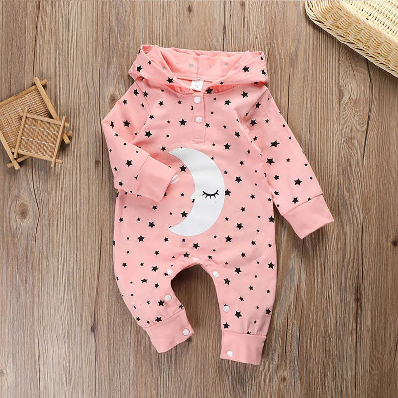 Spring And Autumn Baby Romper Boys Girls Star Long-Sleeved Hooded Pointed Cap Children Jumpsuit 210611