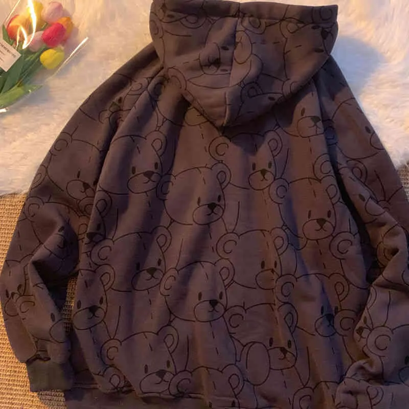 Fashion Bear Print Hoodies Sweatshirt Kvinnor Höst Vinter Tjockerad Khaki Coat Nya Koreanska Loose Zipper Oversize Jacket