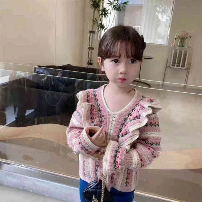 Est Sonbahar Doğan Bebek Kız Örme Uzun Kollu Kazak Hırka Ruffles Çiçek Dış Giyim Rahat Çocuk Giysileri Tops 211201