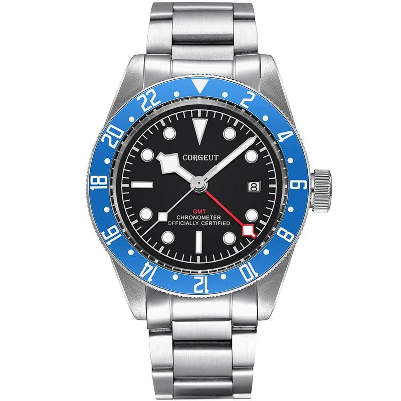 Wristwatches Automatic Movement Watch Bay Black Red Bezel Calendar Men's Steel Case 41MM Bracelet Luminous Hands Military276C