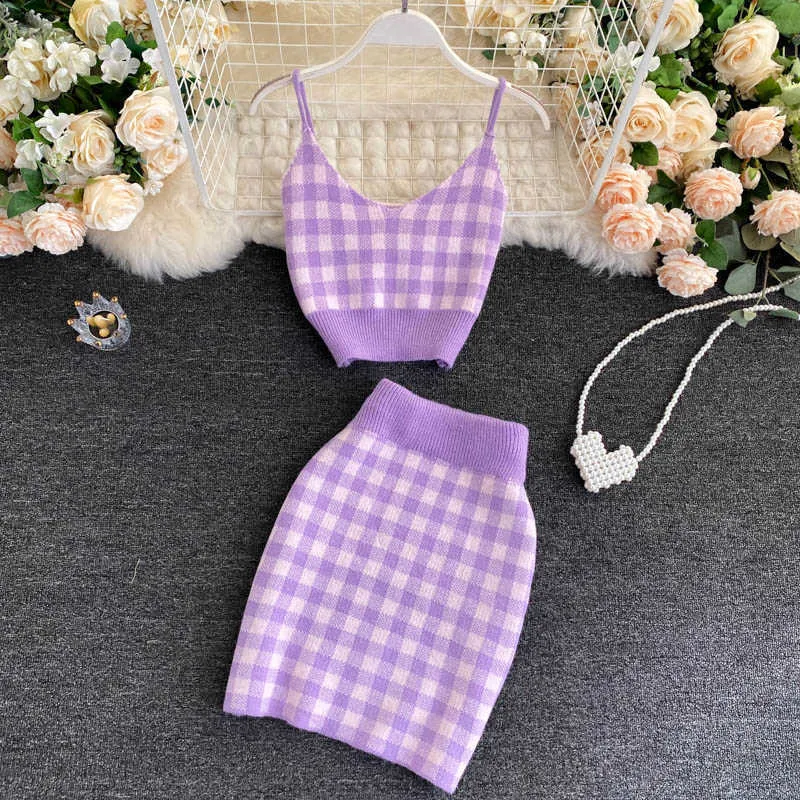 Korean Sweet Knit Plaid Cardigans + Camisole Skirts Sets Girls Short Sweater Coat Vest Mini Skirt Suit Outfits 210722