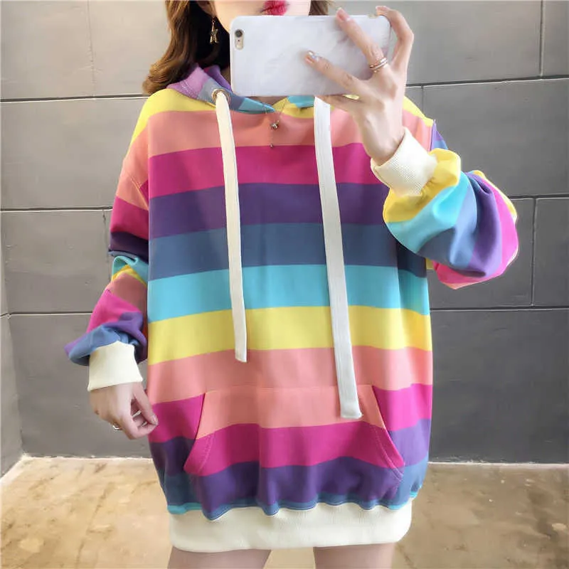 Casual Rainbow Stripe Hoodies Kvinnor Sweatshirt Höst Lösa Pullovers Sweet Girls Fashion Hooded Långärmad Färg 210526