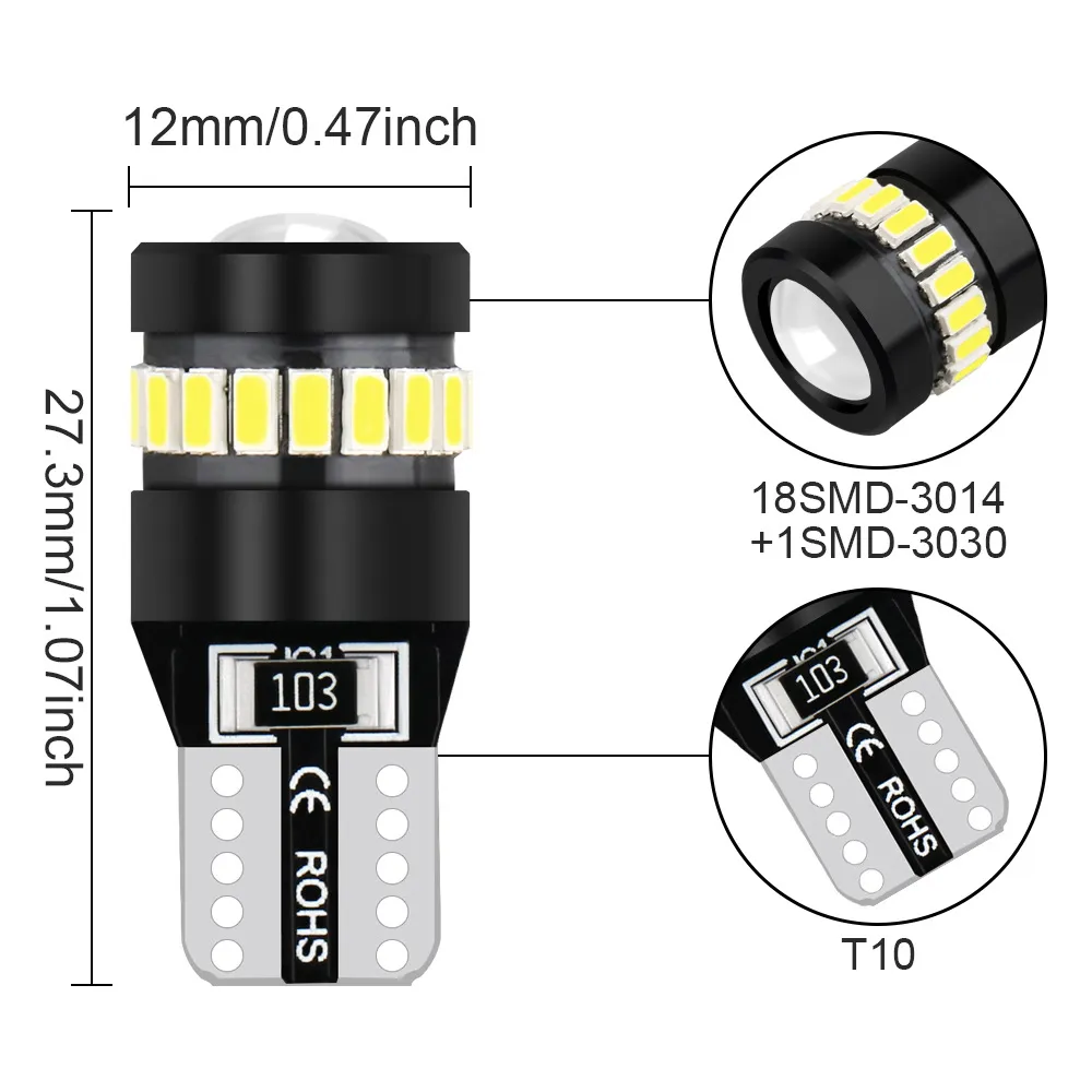 Ampoules de stationnement à cale automatique, lumière blanche T10 18SMD 3014 1SMD 3030, marqueur LED pour intérieur de voiture, lumière de dôme de lecture, 1 pièce