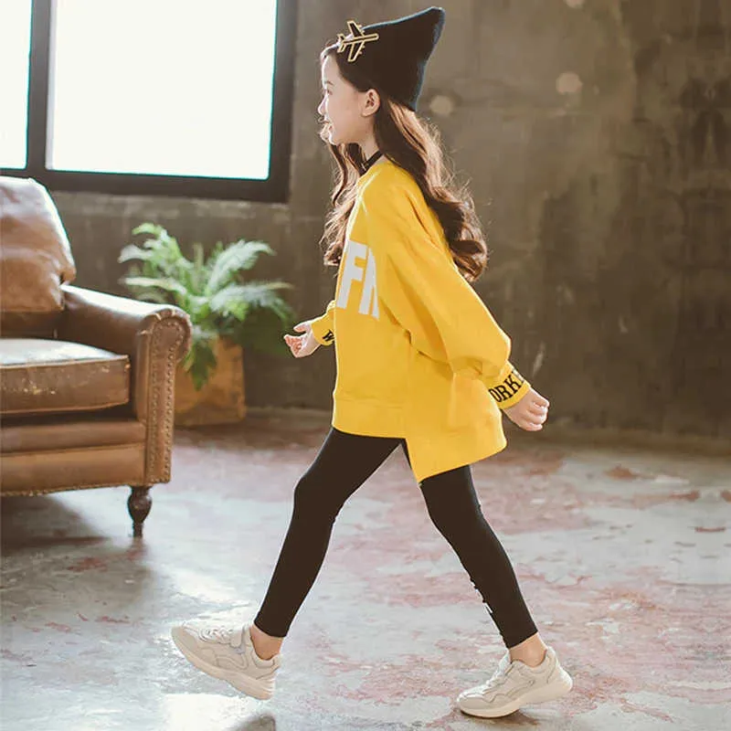 Zimowe ubrania dla dzieci garnitur dziewcząt jesień odzież koreański dorywczo duży listu dla dzieci Sweter + legginsy 2 sztuk Zestaw do 4-13y 211025
