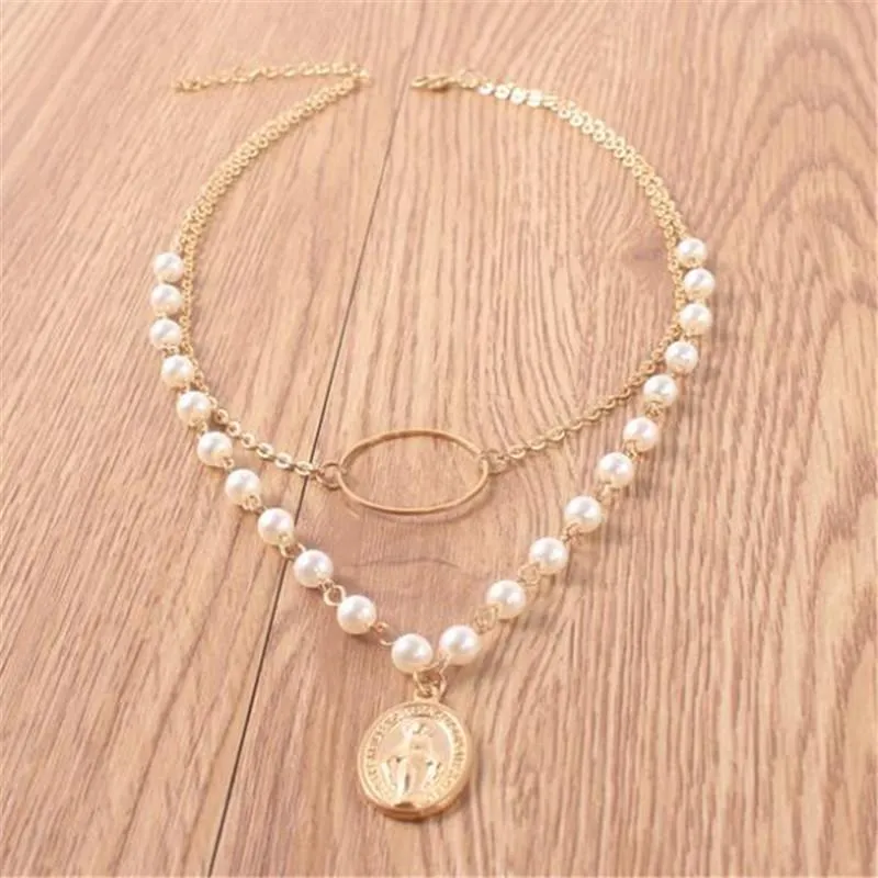 Retro Multi Layer Jungfrau Maria Kopf Porträt Halskette Europäische und Amerikanische Perle Gold Anhänger Halskette frauen Schmuck Gift2317