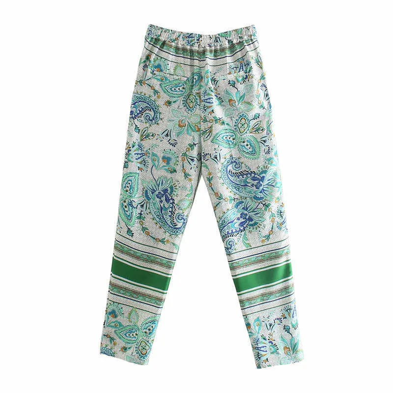 ZA Yeşil Çiçek Baskı Yüksek Bel Pantolon Kadınlar Vintage Elastik Bel Yaz Pantolon Kadın Chic Ön Cepler Rahat Pantolon 210602