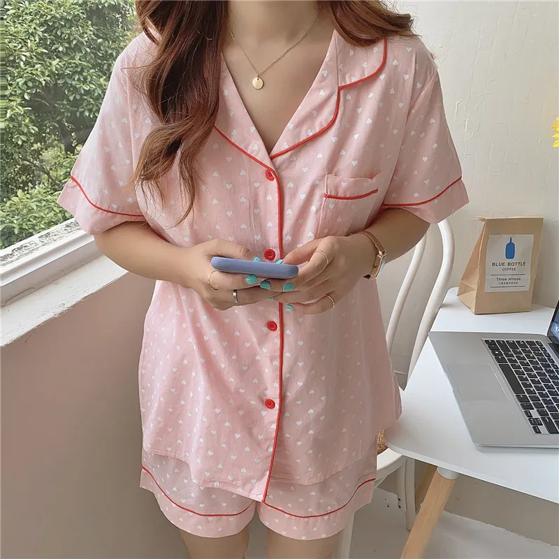 Moda Casual Algodão Impresso Corações Femme Chic Mulheres Solta Sleepwear All Match Girls Pajamas Sets 210525