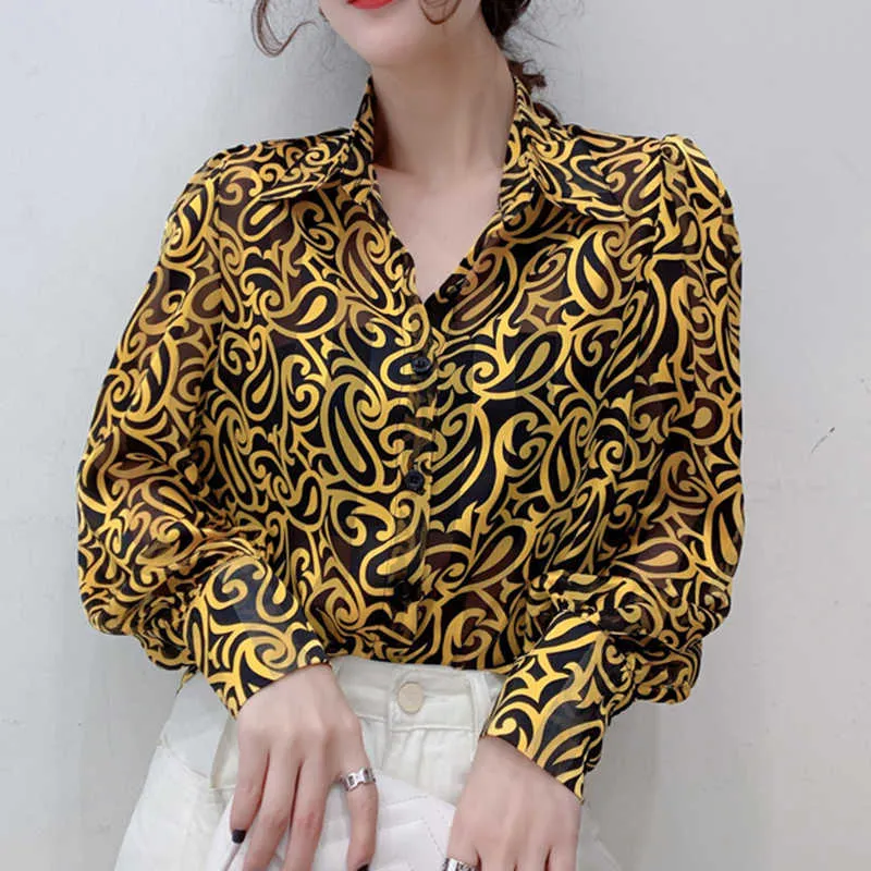Belki U Kadın Şifon Altın Geometrik Baskı Gömlek Vintage Gevşek Uzun Selev Turn-down Yaka Bluz Gömlek Üst B3057 210529