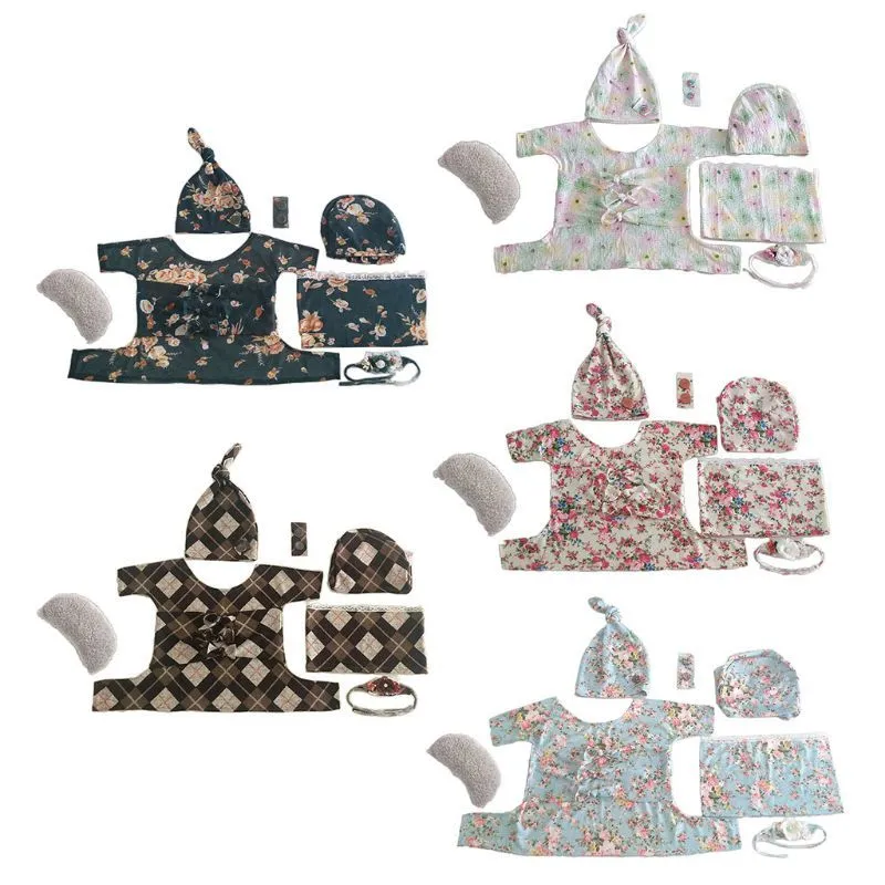/ Set Nouveau-né Photo Props Floral Bow Baby Photographie Costume Kits Wraps Top Noeud Chapeau Bandeau Posant Oreiller 210309