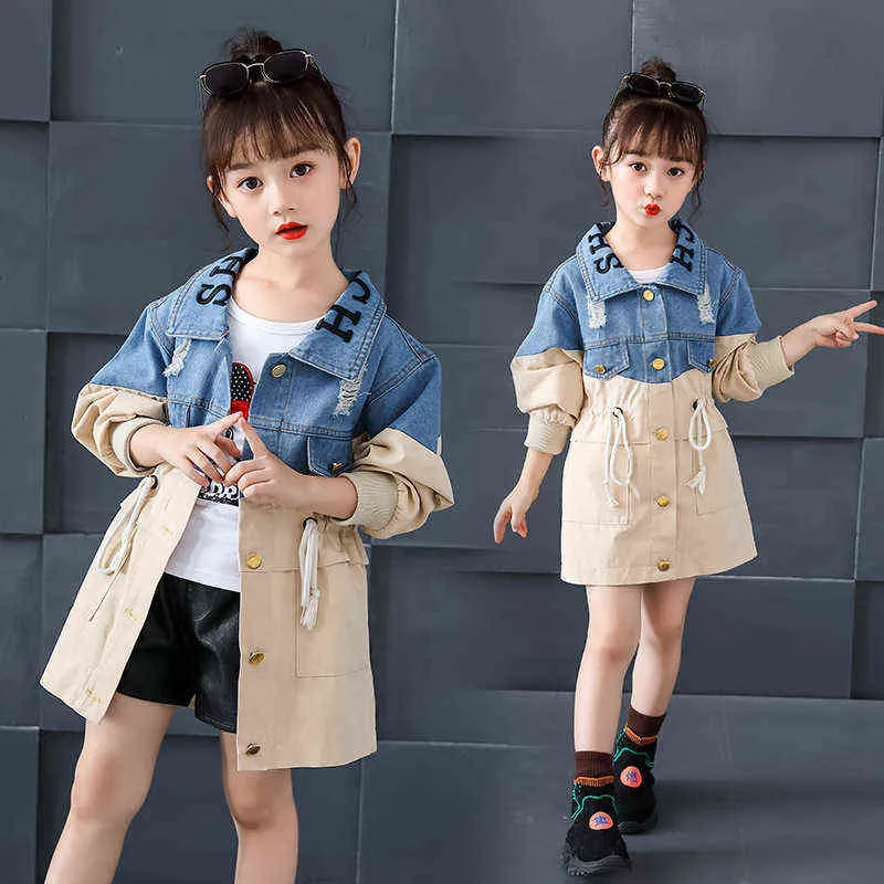 Giacca da bambina Saldi giuntura Giubbotto di jeans Ragazzi Capispalla Abbigliamento bambini Neonata Cappotti di jeans qualità vestiti ragazze Lungo sectioncoat 211204