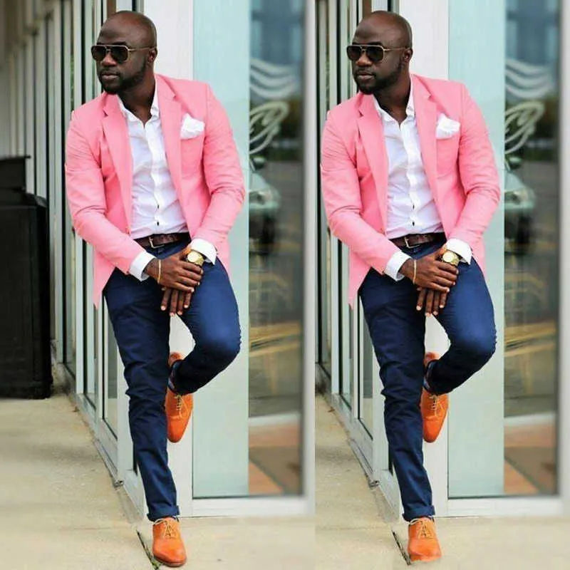 アフリカのパワースリムフィットのためのピンクのカジュアルな男性のスーツ2ピースのウェディンググルーミングタキシード青いズボン男性ファッションブレザー2021 x0909