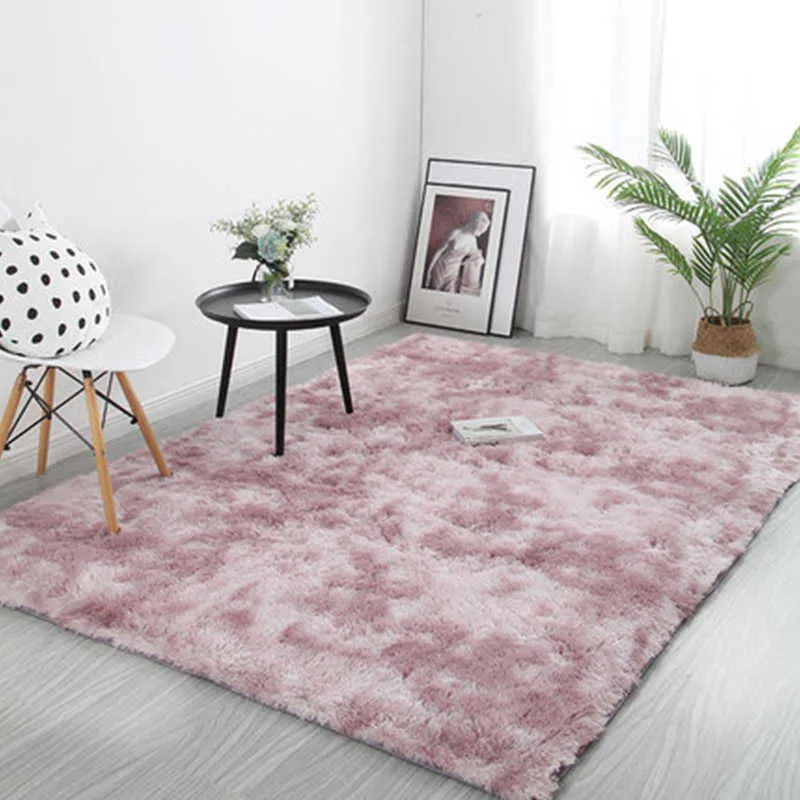Rosa dicker Plüschteppich für Wohnzimmer, flauschiger Teppich, Bettteppiche, rutschfester Boden, weiche Teppiche, Krawattenfärbung, Kindermatte 210626