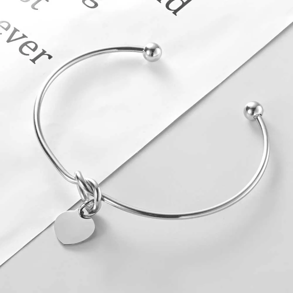 Stainless Steel Heart Knot Bangle with a Heart Pendant Open Cuff Wrist Bangles 2mm Thickness Banglle Q0719