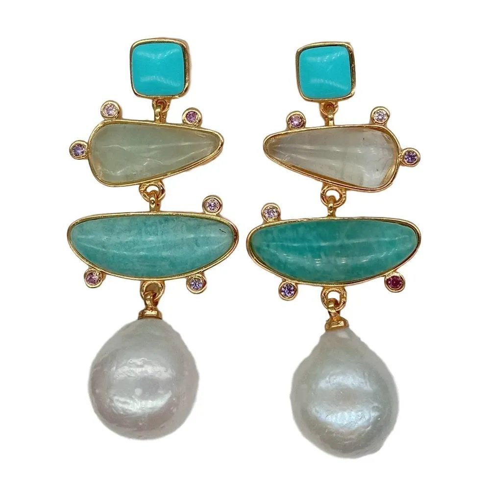 YYGEM Naturalny geometryczny turkusowy turkusowy Prehnite White Pearl Studs kolczyki Złoto wypełnione biurem styl dla kobiet2428451