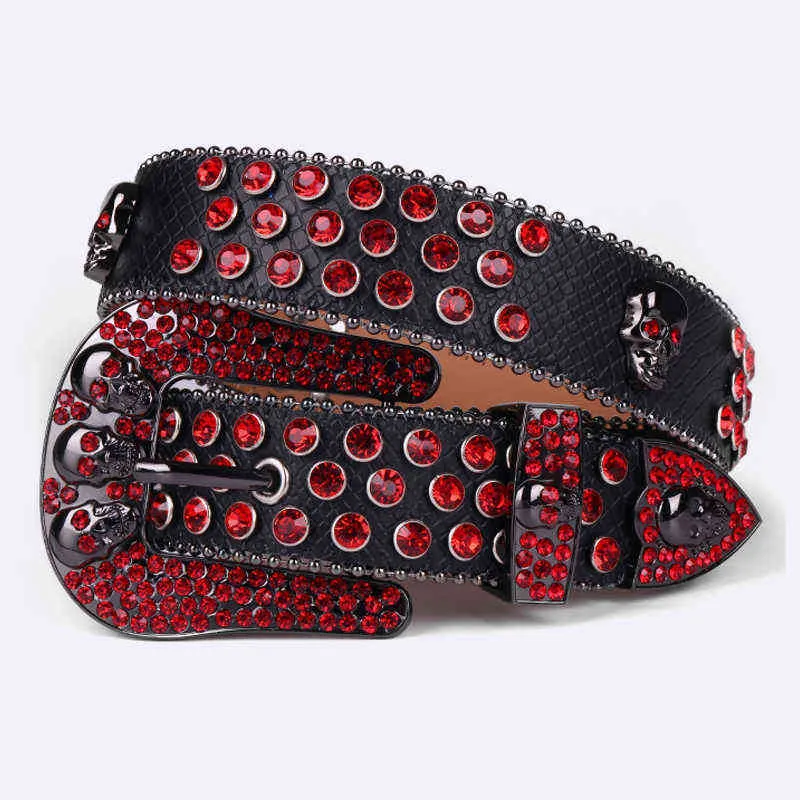 أحمر الجمجمة حزام الجينز حزام الفاخرة النساء مصمم أحزمة عالية الجودة الجلود حزام الرجال القوطية الراين حزام ceinture فام AA220312