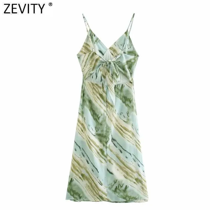 Zevity Frauen Sexy Tie Dye Drucken Sling Midi Kleid Weibliche Chic Backless Bogen Zipper Spaghetti Strap Sommer Strand Vestido DS8223 210603