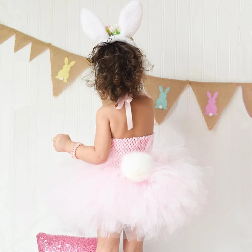 Pink Bunny Girl Costume Toddler Kids Rabbit Tutu Dress Trajes para niñas bebés Año Nuevo Vestidos de cumpleaños Ropa de vacaciones de Pascua 210303