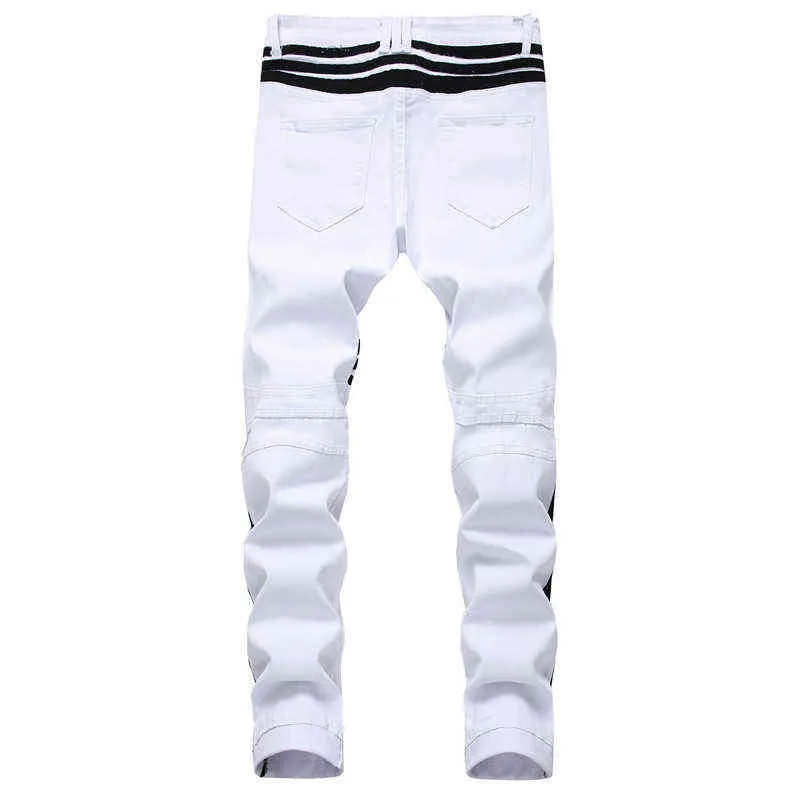 Män Hip-Hop Stripe Design Patchwork Ripped Stretch Slim Jeans Streetwear Cotton Male Casual Joggers Denim Trousers Plus Storlek 42 211111