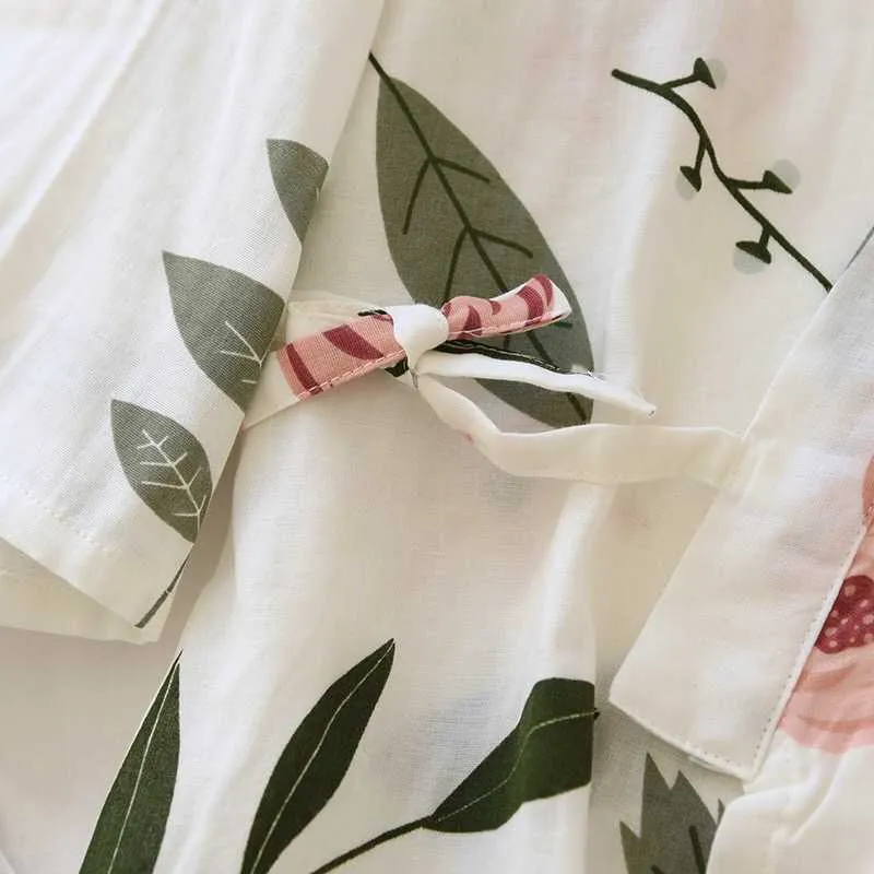 Pigiama stile kimono da donna stampato rosa set sciolto sottile scollo a V maniche a tre quarti garza di cotone 2 pezzi indumenti da notte allentati homewear 210928