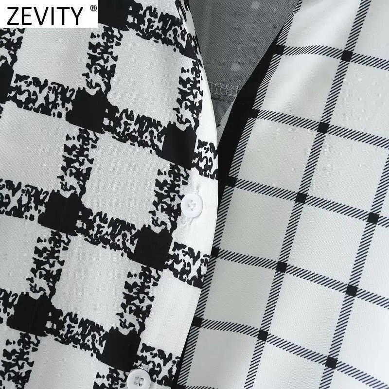 Zevity Womenヴィンテージ千鳥格子縞のパッチワークプリントスモックブラウスオフィスレディスタンドカラーシャツシックブロストップスLS7640 210603