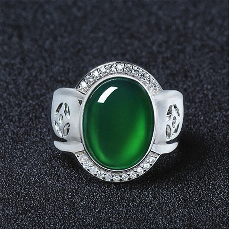 Luxuriöse grüne Jade, Smaragd, Edelsteine, Diamanten, Ringe für Herren, Weißgold, Silberfarbe, Schmuck, Bague, maskulines Accessoire, Partygeschenke