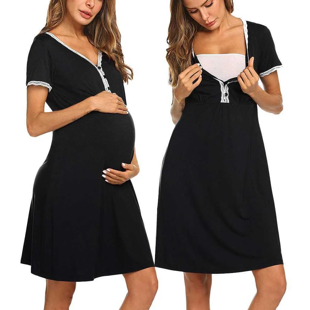Taille S XXL Lady Grossesse Pyjamas Femmes Maternité À Manches Courtes Mignon Imprimer Chemise De Nuit Robe D'allaitement Q0713