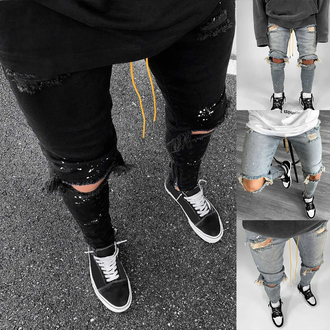 Ripped Hip Men Dżinsy Drapione Dżinsy Ołówek Spodnie Slim Fit Denim Spodnie Casual Pantalon Hombre Skinny Jeans Streetwear X0621