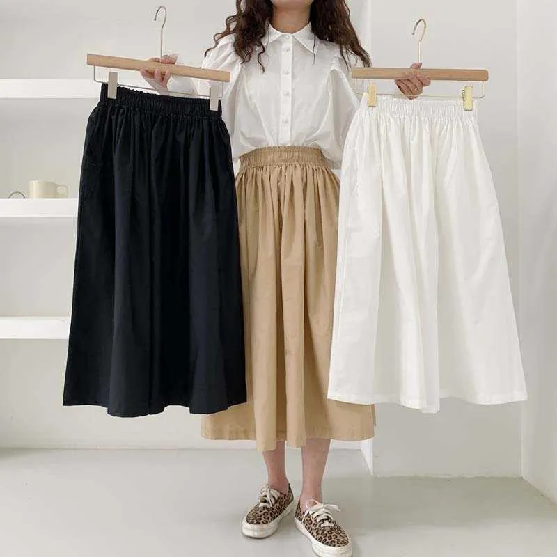 Coreano Chic Mid-Comprimento Gordura All-Match A-Linha Cintura Alta Big Swing Khaki Saia Mulheres Elegante Vintage Black Faldas Mujer 210610