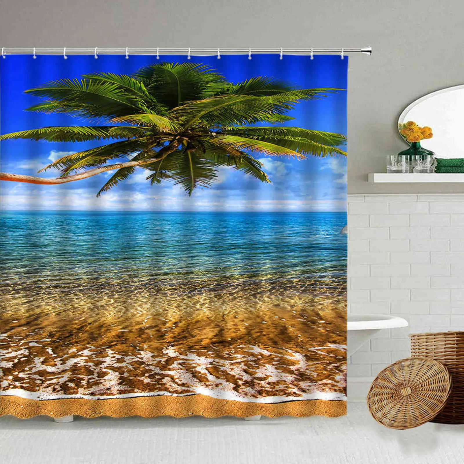 Sea Beach Palm Tree 3D Impermeabile Tenda da doccia Estate Scenario naturale Accessori il bagno con tende a gancio Decorazione domestica 211116