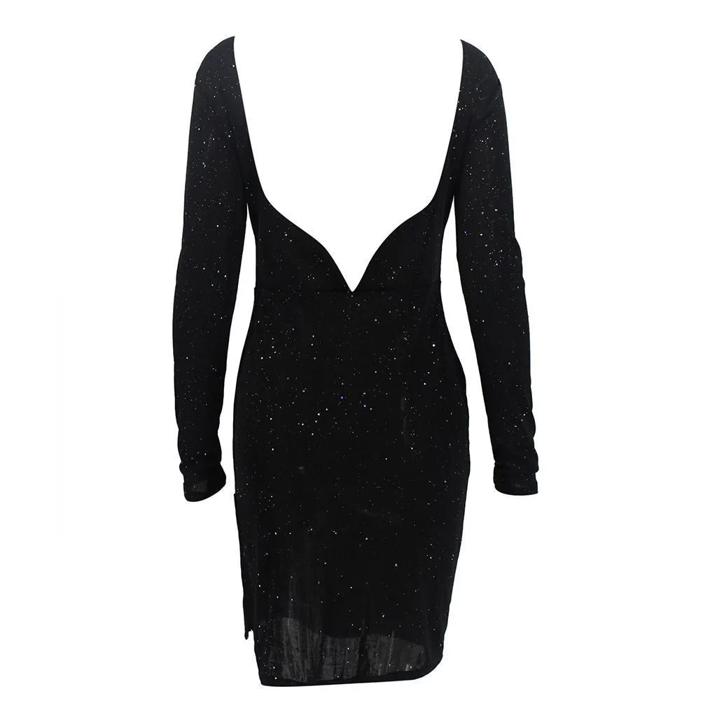 Glitter Open Back Winter Robe moulante à manches longues Femmes Sexy Paillettes Black Party Night Club Robe Split Robe Crayon 201008