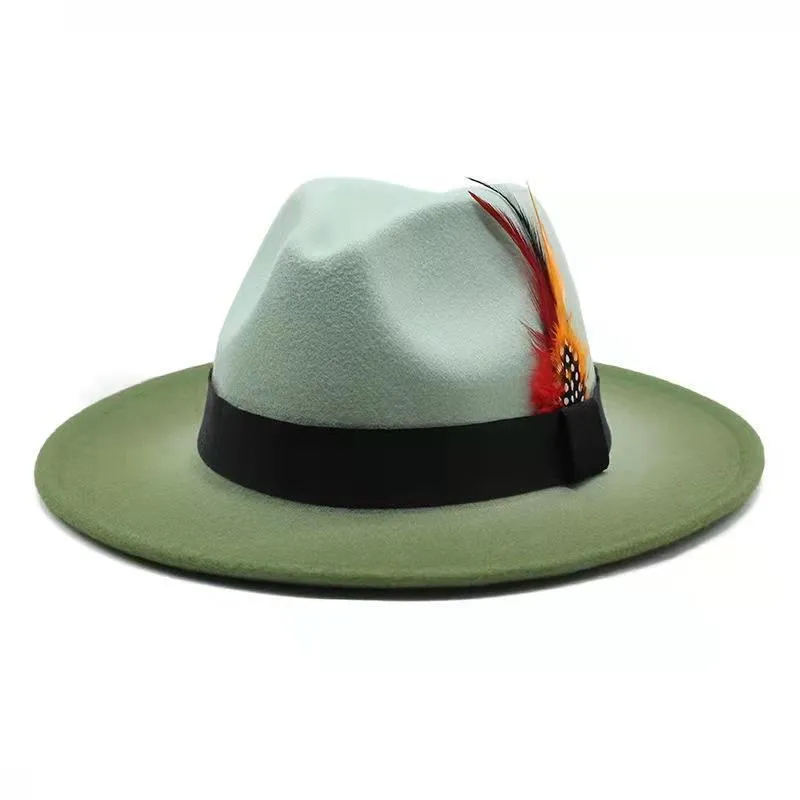 Stingy Brim Hats Matching Color Gradient Feather Jazz Hat Lady039s Woolen Tweed Top Men039s And Women039s Outdoor Felt1478006
