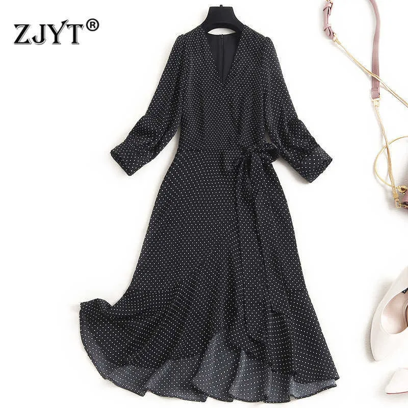 Fashion Designers Spring Casual Robe Women Elegant V Neck Bandage Ruffles Dot Print Dress Vintage Holiday Vestidos 210601