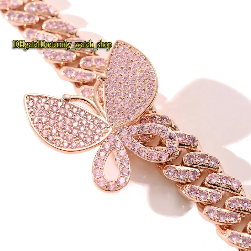 Eternity New Hip Hop CZ Diamonds Inlaid Pink Butterfly Cuban Chain Men's Necklace 13mm Clavicle Chain Iced Out Diamond Necklace for Women