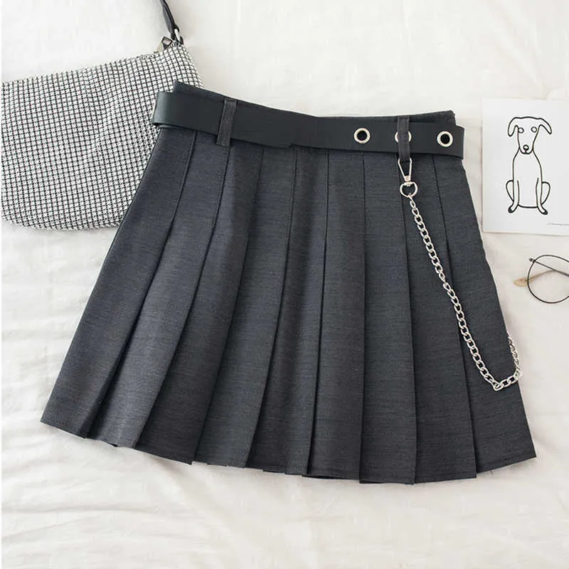 Black Pleated Skirt With Chain-Belt Punk Rock Girl Cheerleading Belted Mini Alt Women e-girl Outfit 210621