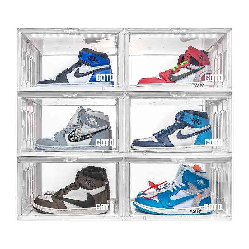 Goto Clear 사운드 컨트롤 Led 신발 상자 운동화 벽 플라스틱 상자 방진 쌓을 수있는 신발 주최자 스토리지 쇼케이스